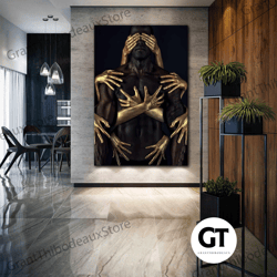 gold hand wall art, african canvas art, modern wall decor, roll up canvas, stretched canvas art, framed wall art paintin