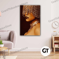 gold inserted female model red lipstick makeup gold sepia roll up canvas, stretched canvas art, framed wall art painting