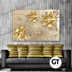 gold leaf pearl flower diamond butterfly modern decorative roll up canvas, stretched canvas art, framed wall art paintin