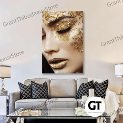 gold makeup wall art, woman wall art, luxury wall art decor, roll up canvas, stretched canvas art, framed wall art paint