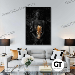 gold pineapple wall art, woman canvas art, modern wall decor, roll up canvas, stretched canvas art, framed wall art pain