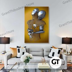 gold metal wall art, romantic couple canvas art, lover wall decor, roll up canvas, stretched canvas art, framed wall art