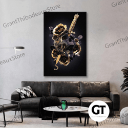 gold rose wall art, skull canvas art, gothic wall decor, roll up canvas, stretched canvas art, framed wall art painting