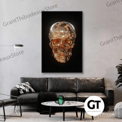 gold skull wall art, modern room wall decor, skull wall decor, roll up canvas, stretched canvas art, framed wall art pai
