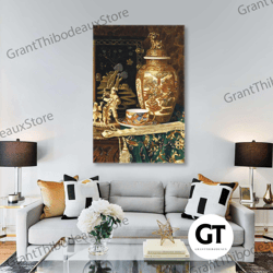 gold vase wall art, tea cup canvas art, chinese wall decor, roll up canvas, stretched canvas art, framed wall art painti