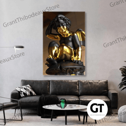 gold wall art, baby angell wall decor, love angel wall art, roll up canvas, stretched canvas art, framed wall art painti