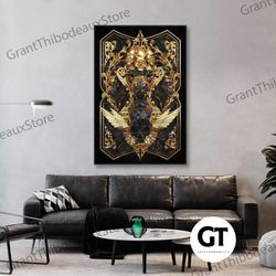 gold wings wall art, gold skull canvas art, gothic wall decor, roll up canvas, stretched canvas art, framed wall art pai