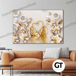 golden swan pair pearl flower modern decorative roll up canvas, stretched canvas art, framed wall art painting