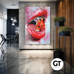goldfidh wall art, surreal canvas art, red lips wal decor, modern wall art, roll up canvas, stretched canvas art, framed