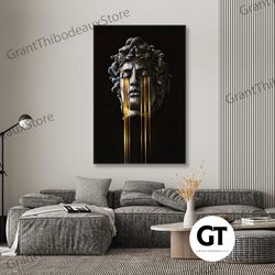 greek statue wall art, gold detail canvas art, modern room wall decor, roll up canvas, stretched canvas art, framed wall