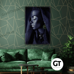 green earring model woman with scarf roll up canvas, stretched canvas art, framed wall art painting-1