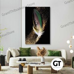 green feather wall art, gold glitter canvas art, luxury wall decor, roll up canvas, stretched canvas art, framed wall ar