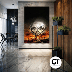 halloween wall art, night canvas art, skull wall decor, roll up canvas, stretched canvas art, framed wall art painting