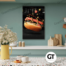 hot dog wall art, fast food canvas art, kitchen wall decor, roll up canvas, stretched canvas art, framed wall art painti