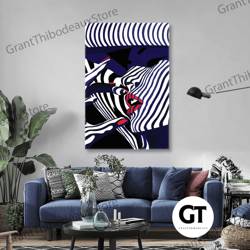 illustration of model with red lipstick behind striped shadows roll up canvas, stretched canvas art, framed wall art pai