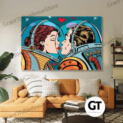 illustration of romantic couple in astronaut suits roll up canvas, stretched canvas art, framed wall art painting-1