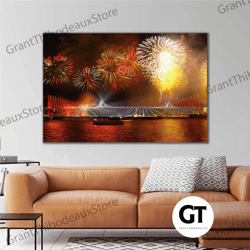 istanbul bosphorus bridge night fireworks lighting roll up canvas, stretched canvas art, framed wall art painting