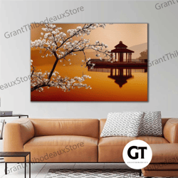 japanese cherry blossom landscape hut lake gazebo tranquility roll up canvas, stretched canvas art, framed wall art pain