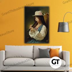 kid playing flute oil paint effect roll up canvas, stretched canvas art, framed wall art painting