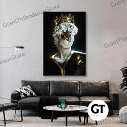 king wall art, sculpture canvas art, modern wall decor, gold detailed art, roll up canvas, stretched canvas art, framed