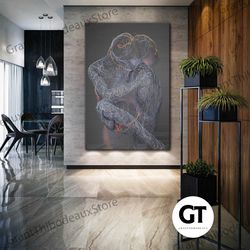 kissing couple wall art, love canvas art, surreal wall decor, roll up canvas, stretched canvas art, framed wall art pain