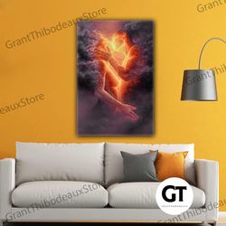 kissing fire couple love smoke roll up canvas, stretched canvas art, framed wall art painting