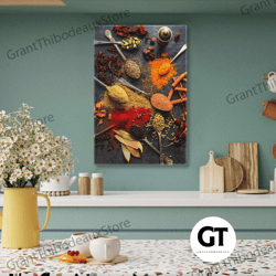 kitchen wall art decor, spices wall art, silver spoon wall art, roll up canvas, stretched canvas art, framed wall art pa