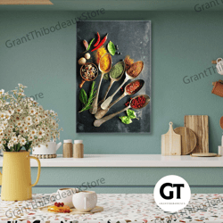 kitchen wall decor, spices wall art, silver spoon canvas art, roll up canvas, stretched canvas art, framed wall art pain