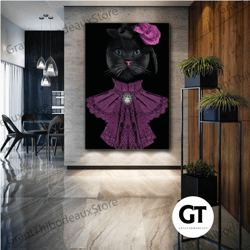 lady cat wall art, purple dress black cat canvas art, living room decor, roll up canvas, stretched canvas art, framed wa