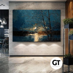 lake landscape under moonlight oil painting effect reflection nature tree roll up canvas, stretched canvas art, framed w