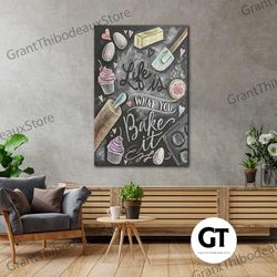 life is what you bake it wall art, kitchen wall decor, bakery wall art decor, roll up canvas, stretched canvas art, fram