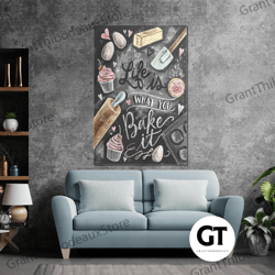 life is what you bake it wall art, kitchen wall decor, roll up canvas, stretched canvas art, framed wall art painting