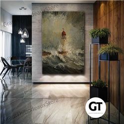 lighthouse wall art, big waves canvas art, nature wall decor, roll up canvas, stretched canvas art, framed wall art pain