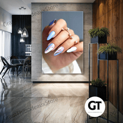 lilac nail polish hand model gold details nail artist roll up canvas, stretched canvas art, framed wall art painting