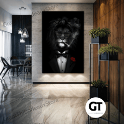 lion in suit wearing bowtie rule lion roll up canvas, stretched canvas art, framed wall art painting