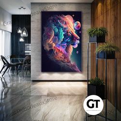 lion wall art, colorful canvas art, space wall decor, roll up canvas, stretched canvas art, framed wall art painting