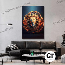 lion wall art, fire canvas art, animal wall art decor, roll up canvas, stretched canvas art, framed wall art painting