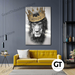 lion wall art, king canvas art, gold crown wall decor, animal wall art, roll up canvas, stretched canvas art, framed wal