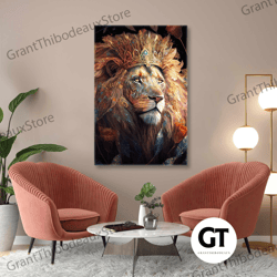 lion wall art, king canvas art, gold crown wall decor, roll up canvas, stretched canvas art, framed wall art painting