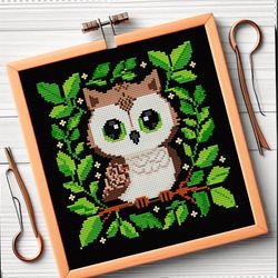whimsical woodland owl pdf instant download cross stitch pattern winter cross stitch christmas decor owl embroidery wood