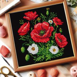 blooming elegance pdf instant download cross stitch pattern poppy cross stitch flowers decor flowers embroidery poppies