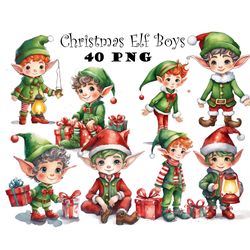 Christmas Elf Boys Clipart PNG Watercolor Christmas Elves Boys Graphics Digital Downland Bundle Christmas Elf Clipart
