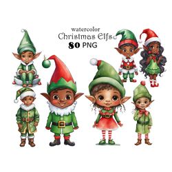 Afro American Elf Clipart PNG Dark Skin Christmas Elves Digital Download Bundle Cute Elves Clipart Watercolor Elves PNG