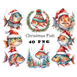 Christmas Fish Clipart PNG Fish in Christmas Hat Clipart Nautical Christmas Pet Graphics Christmas Watercolor PNG