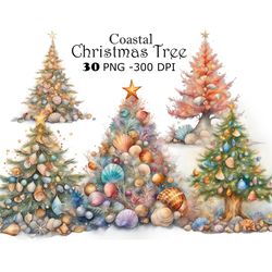 Coastal Christmas Tree Watercolor Clipart PNG Beach Christmas Tree Graphics Unique Festive Illustrations Digital