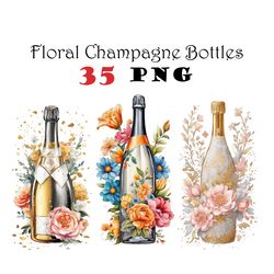 Floral Wedding Champagne Bottle Watercolor Clipart PNG Floral Champagne Wedding Graphics Champagne illustrations Veuve