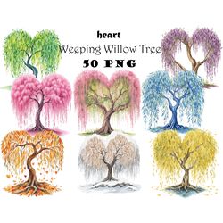 Weeping Willow Tree Heart Shaped Watercolor Clipart PNG Bundle Romantic Valentines Graphics Digital Download Bundle
