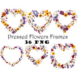 Pressed Flowers Heart Frames PNG Natural Dried Wildflowers Frames PNG Boho Floral Heart Overlay PNG Natural Flowers