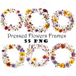Natural Pressed Wildflowers Frame PNG Dried Boho Flowers Frames Rustic Floral Border Dried Plants Overlays PNG