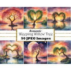 Watercolor Weeping Willow Tree Romantic Sunset Clipart Willow Anniversary Graphic Watercolor Valentines Day Graphics